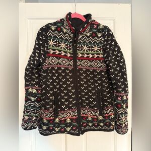 100% Wool Women's Black Patterned Zip-Up Sweater